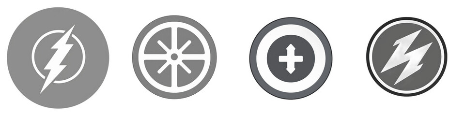 Obraz premium Four energy symbols, icons in grey circles sit isolated on a white background, illustrating diverse power sources isolated on white or transparent