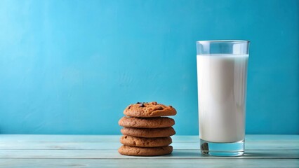 A stack of delicious chocolate chip cookies sits beside a tall glass of creamy milk on a light blue wooden surface against a vibrant blue backdrop.