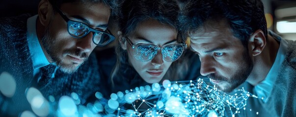 In the heart of the digital age, a trio of astute business professionals collaborates, immersed in the intricate world of AI-enhanced data visualization tools Their collective focus is palpable as