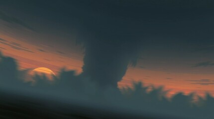 An Isekai anime-style tornado in thick fog at sunset. Blurred lines, action poses, and low visibility emphasize the dynamic motion and expressive composition