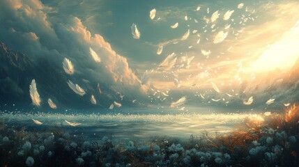 Abstract, glowing white feathers scattered across a peaceful and surreal landscape 