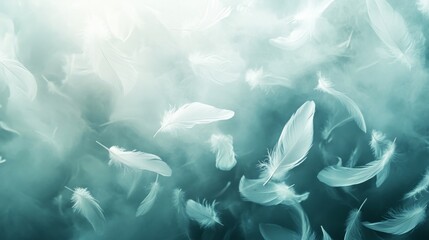 Abstract white feathers floating in a spiraling pattern with glowing edges