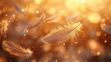 Drifting feathers falling in slow motion amidst soft, twinkling sparkles 
