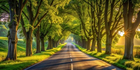 Obraz premium Sunlit Roadway Through Lush Green Tree Tunnel in Pastoral Setting