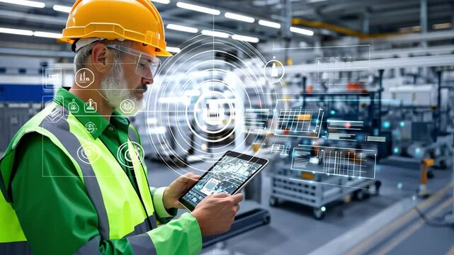 Industry 4.0: A skilled engineer uses a tablet to monitor data visualizations of robotic machinery, highlighting the blend of technology and industry in a modern factory.