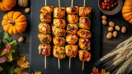 Fall chalkboard with room for writing surrounded by pumpkins, nuts, and wheat