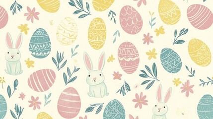 Easter pattern featuring hand-drawn eggs, floral motifs, and playful rabbits in soft pastel shades