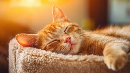 Sleeping orange cat basking in warm sunlight.