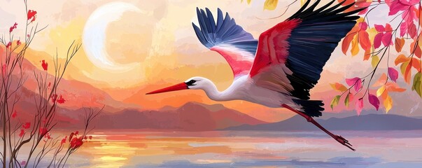 In the quiet hush of twilight's embrace, a graceful stork takes flight beneath the watchful gaze of a crescent moon Its silhouette dances against the canvas of the fading day, a symphony of ethereal