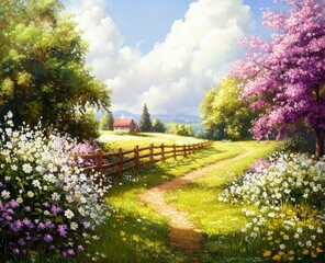 Fototapeta premium Picturesque Spring Landscape with Wildflowers and Farmhouse