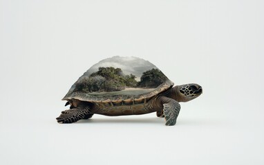 Fototapeta premium Pixelated Tortoise With Hazy Landscape Shell On White