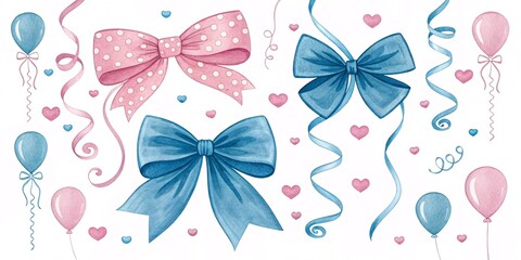 Obraz premium Hand-Painted Watercolor Bows in Pink & Blue – Elegant Ribbons V2