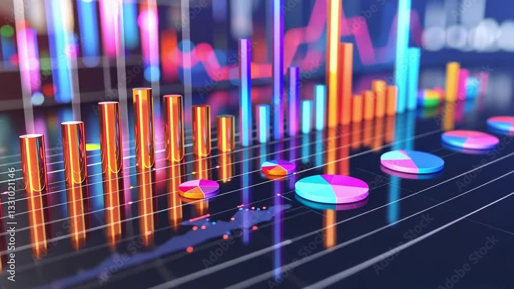Poster vibrant digital display of 3d charts and graphs analyzing financial data with colorful bar graphs an