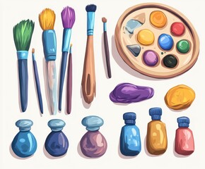 Fototapeta premium Pixel Art Painting Supplies Brushes, Palette, and Paint Pots