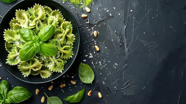 Bowl of Bowtie Pasta with Vibrant Green Pesto, Fresh Basil, and Pine Nuts on Dark Surface Rustic Italian Food Delight with Black and Green Accents for Appetizing Culinary Experience