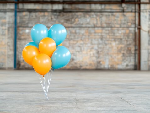 Vibrant bunch of blue and yellow helium balloons floating indoors against industrial concrete background symbolizing celebration joy and festivity