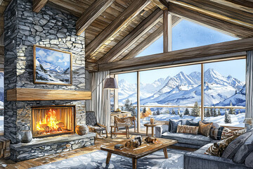 Fototapeta premium A cozy, modern lodge interior featuring a fireplace, wooden beams, and a stunning mountain view through large windows.