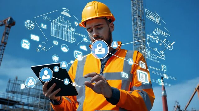 Smart Construction Supervision: A construction worker in a hard hat and safety vest uses a digital tablet.