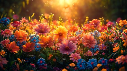 Fototapeta premium Vibrant Summer Wildflowers Meadow at Golden Hour Blooming Flowers Nature Photography