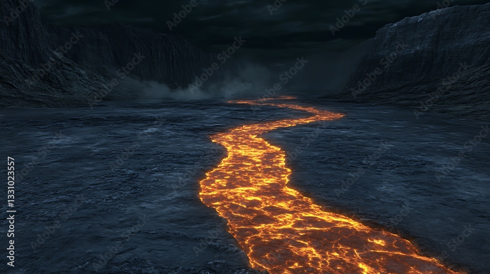 Poster molten lava flows through a dark and rugged landscape, creating a striking contrast in the environme