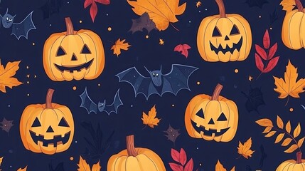 Halloween seamless pattern with jack-o'-lanterns, bats, and fall leaves for fabric and wallpaper design