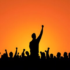 Fototapeta premium Strength in Unity: A silhouette of a crowd raises fists against an vibrant sunset, showcasing solidarity, protest, and the power of collective action.