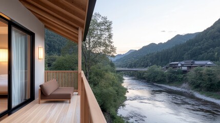 Scenic River View from Modern Hotel Balcony Overlooking Lush Green Mountains and Peaceful Waterway at Dusk