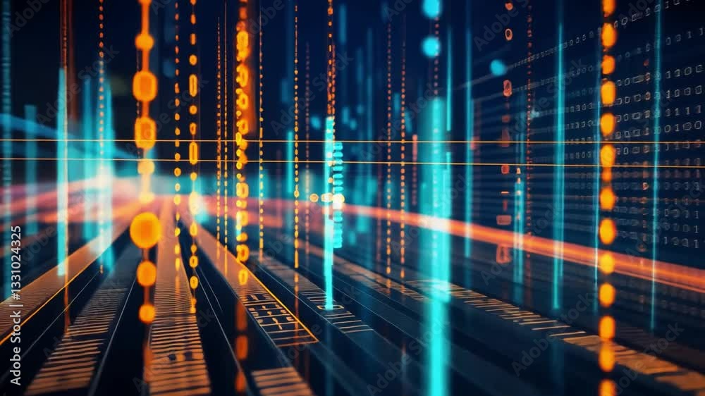 Poster futuristic digital landscape vibrant and glowing binary code with dynamic data streams representing 