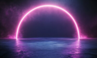 Vibrant pink neon arch reflecting on tranquil water surface.