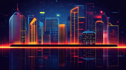 Fototapeta premium Glowing cityscape reflection on water, vibrant neon lights in the night, data streams