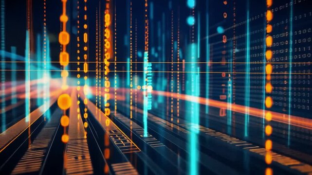 Futuristic Digital Landscape Vibrant and Glowing Binary Code with Dynamic Data Streams Representing Advanced Technology, Information Flow, and Innovation Connectivity
