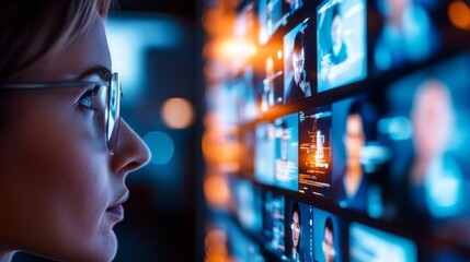 Woman observing digital screens displaying diverse faces in a modern tech environment