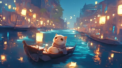 Obraz premium A charming cat floats serenely on a boat surrounded by glowing lanterns.