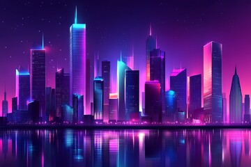 Fototapeta premium Illuminated cityscape reflects in water during night, with vibrant light show, for futuristic design