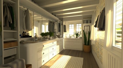 A chic, modern dressing room with a large full-length mirror, stylish closet organization, and a sleek, minimalist design.
