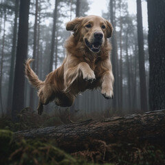 Obraz premium Golden Retriever jumping over a log in a dense misty forest, dynamic action shot, cinematic lighting, hyper-realistic, UHD 8K 