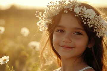 Fototapeta premium Morning glow. Happy middle eastern child girl wearing white flower crown on her head. Happy sunny days symbol. Girl with flower wreath. Childâ€™s holiday escape in nature. Happy child in summer.