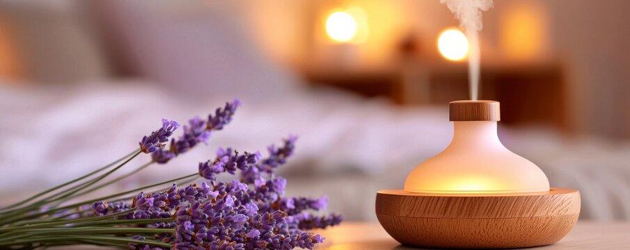In the soft glow of twilight, an aromatherapy diffuser gently releases lavender mist, creating a sanctuary of tranquility in the bedroom The air is subtly infused with calming notes, inviting