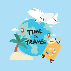 Obraz premium Travel and Happy Holiday background vector. Bag, travel accessory, touristic valise, case, airplane, world. Illustration design for poster, card ,cover, shop, ads.