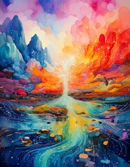 Fototapeta premium Watercolor Dreamscape - Create a surreal dreamscape with fluid watercolor 