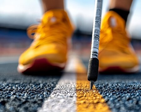 In the vibrant heart of a bustling sports stadium, an athlete with unwavering determination embarks on an adaptive javelin throw training session, pushing the boundaries of possibility and showcasing