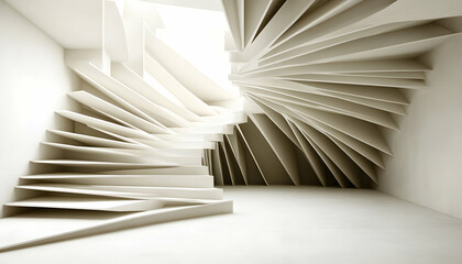 Obraz premium Abstract architectural rendering of a modern, minimalist interior space with a dynamic, swirling staircase and geometric wall design.