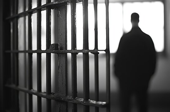 Silhouette of a Man Behind Prison Bars Looking Out a Window