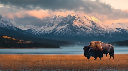 Majestic Bison at Sunrise in the Canadian Rockies