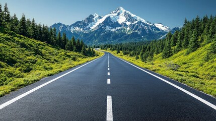 Fototapeta premium Majestic Mountain Road Scenic Highway Winding Through Evergreen Forest to Snow Capped Pea