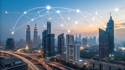 Fototapeta premium Modern Cityscape with Digital Connections and Urban Technology at Dawn
