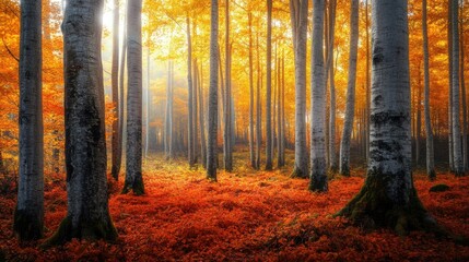 Fototapeta premium Motion blur of tree trunks in an autumn forest