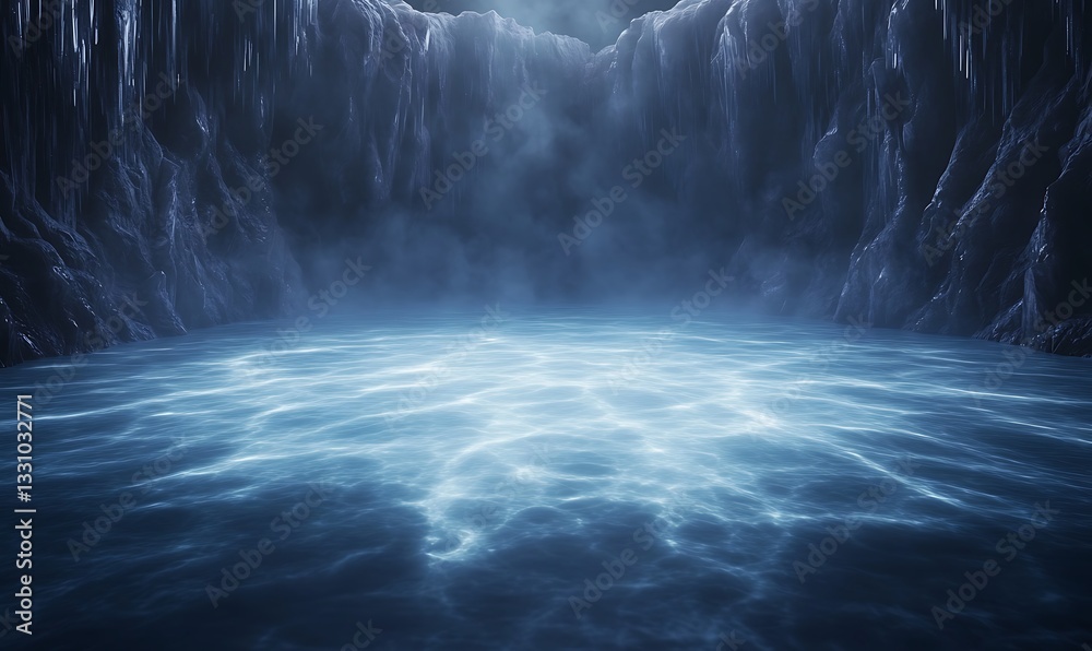 Poster Mysterious cavern with shimmering water illuminated by soft light.
