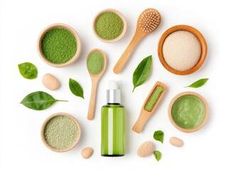 Collection of natural green skincare products with wooden brushes and organic ingredients on a white background symbolizing holistic beauty and sustainable self care