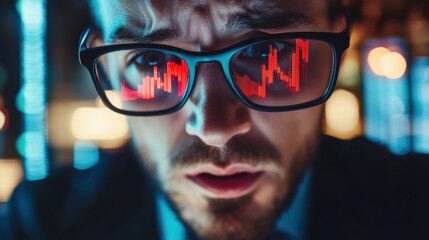 A worried businessman looking at a laptop screen with a red declining graph reflecting on his glasses, showing financial loss.
